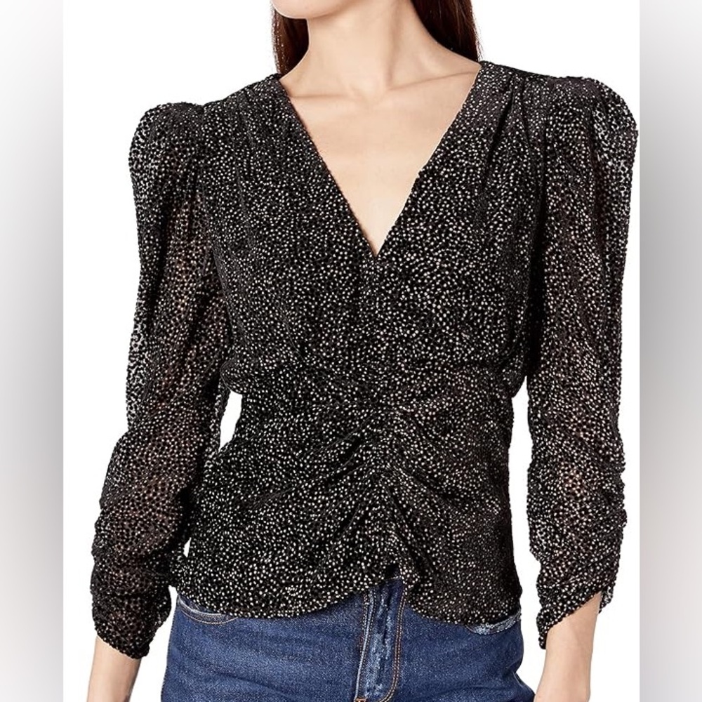 3/$25 velvet polkadot flattering blouse ruching textured monochrome whimsigoth